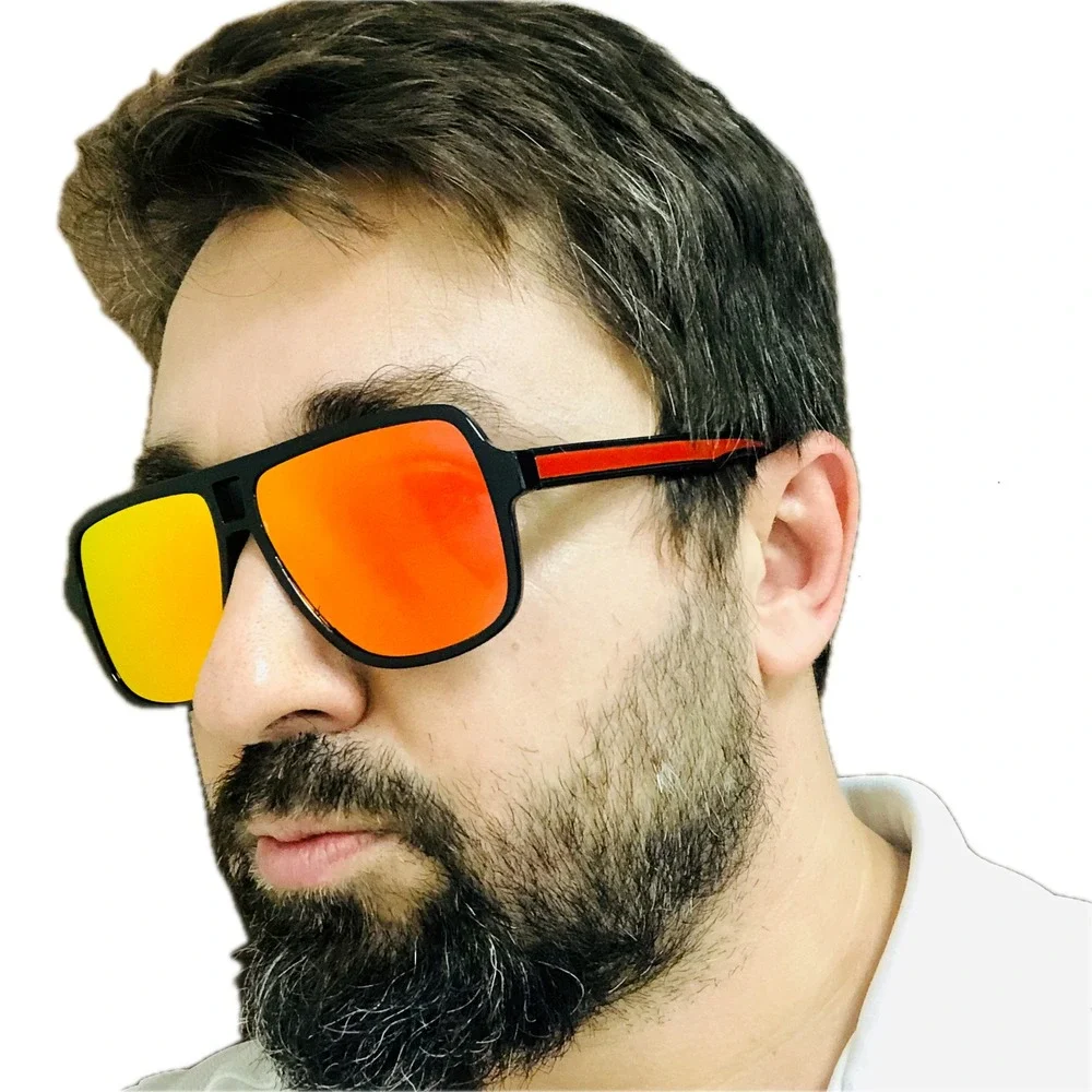 Square Aviator Sunglasses‎ Black Frame Red Mirrored Lens Fashion Sun Glasses
